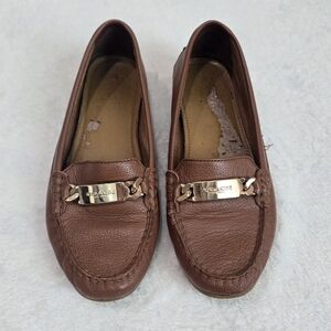 Women's COACH Shoes Brown Pebble Leather Loafers Flats Gold Logo Size 6.5